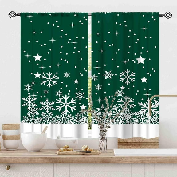 Christmas Kitchen Curtains, Green White Snowflake Xmas Snow Winter New Year Merry Christmas Window Drapery Treatments for Living Room Bedroom Nursery Bathroom Home Holiday Party 2 Panels, 55x39 Inch