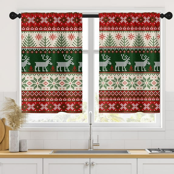 Christmas Kitchen Curtains Red Green Window Curtains Over Sink Set of 2, Xmas Deer Tree Short Tier Curtain for Kitchen, Winter Snowflakes Kitchen Decor 27.5" x 36"