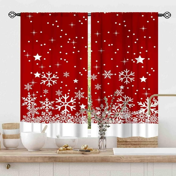Christmas Kitchen Curtains, Red White Snowflake Xmas Snow Winter New Year Christmas Window Drapery Treatments for Living Room Bedroom Nursery Bathroom Home Holiday Party 2 Panels, 55x39 Inch