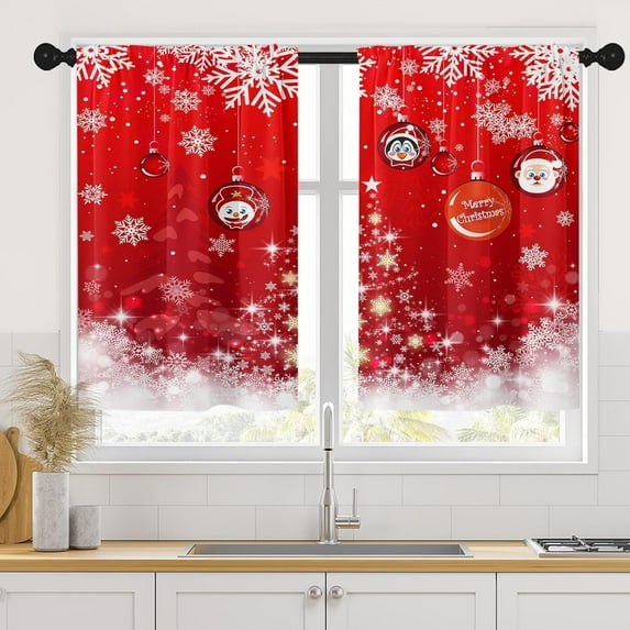 Christmas Kitchen Curtains Red Window Curtains Over Sink Set of 2, Winter Snowflakes Short Tier Curtain for Kitchen, Xmas Balls Kitchen Decor 27.5" x 36"