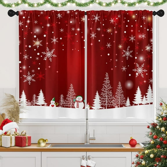 Christmas Kitchen Curtains Red Window Short Tier Curtains Over Sink Set of 2, Winter Snow Snowman Xmas Tree Kitchen Decor 26" x 36"