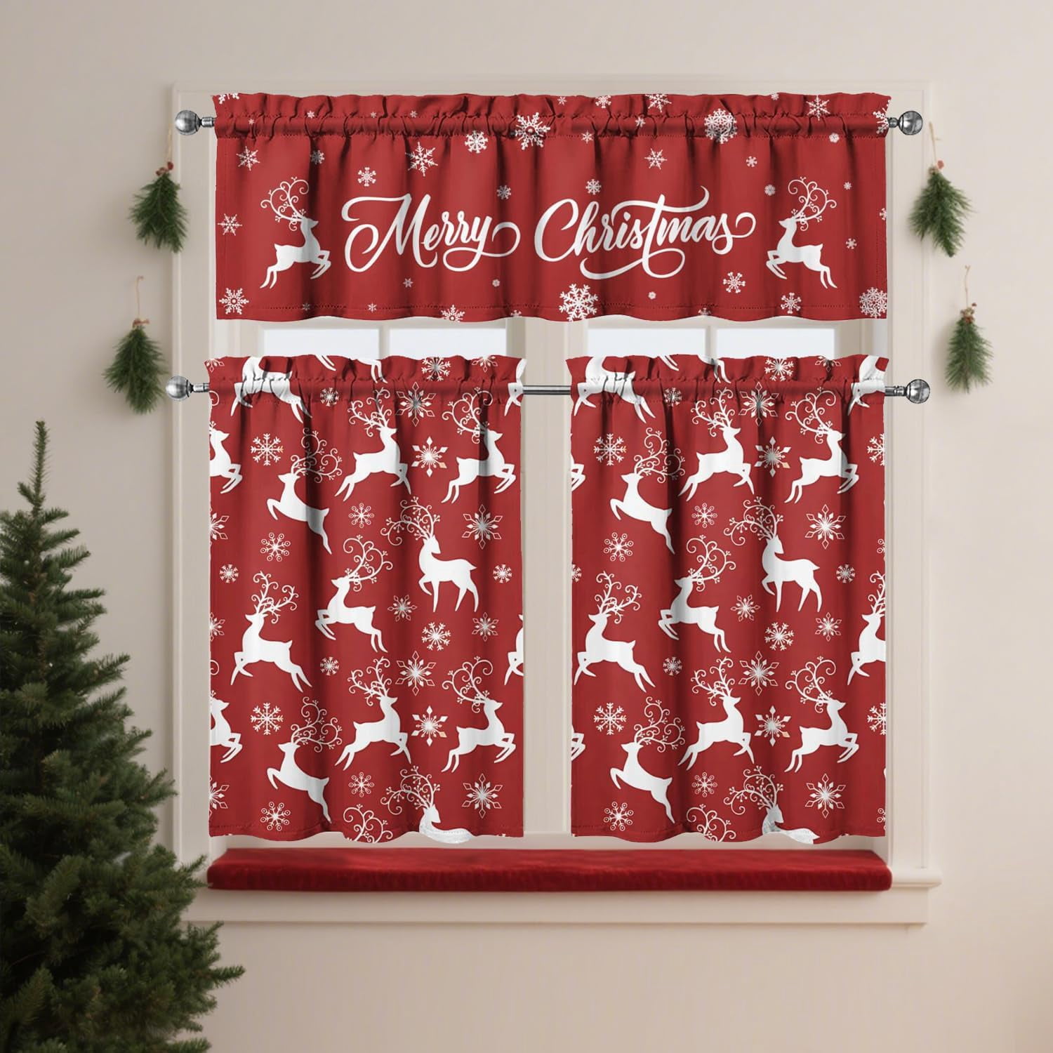 Christmas Kitchen Curtains Sets for Windows Merry Christmas Red Elk