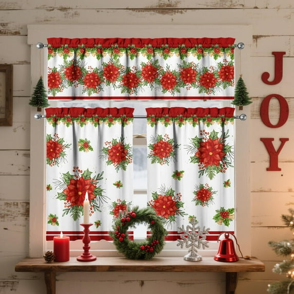 Christmas Kitchen Curtains Sets for Windows Red Flower Kitchen Decorative Sink Window Valance 3 Piece Set Tier Christmas Curtains 3 Panels Decor for Living Room Bedroom Home