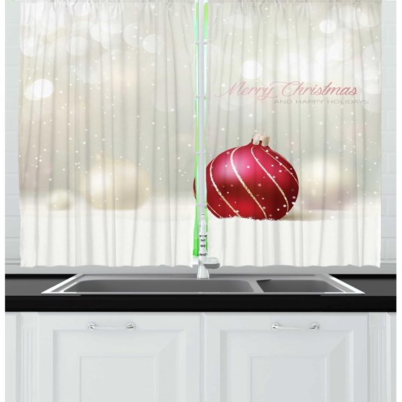 Christmas Kitchen Curtains, Snow Effect Background Bauble with Curved Lines Xmas Trinket Happy Holidays, Window Drapes 2 Panel Set for Kitchen Cafe Decor, 55" x 36", Eggshell Ruby