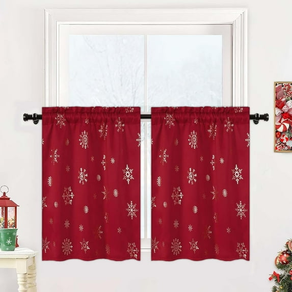 Christmas Kitchen Curtains, Snowflake Foil Print Christmas Tier Curtains 24 Inch Length, Rod Pocket Red Christmas Curtains for Kitchen, 26" W x 24" L, 2 Panels