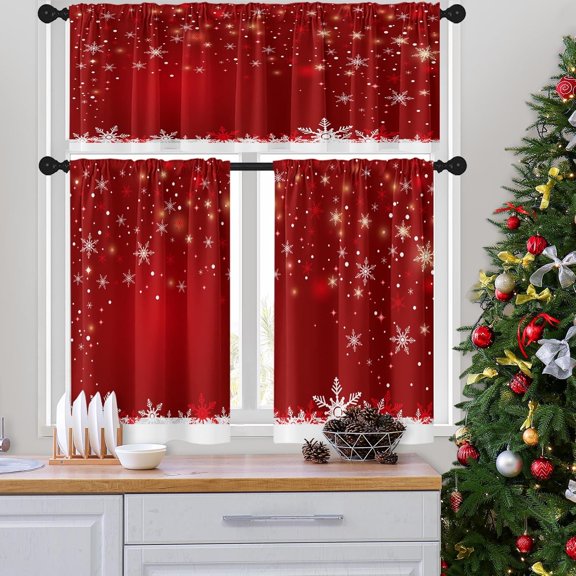 Christmas Kitchen Curtains Snowflake Red Winter Snow Window Curtains Valance and Tier Set 36 Inch Rod Pocket Short Tier Curtain for Room Kitchen Decor