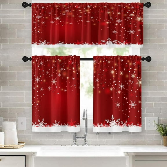 Christmas Kitchen Curtains Snowflakes Window Curtains and Valances Set 36 Inch, Red Snow Short Tier Curtains for Kitchen, Winter Xmas Small Kitchen Decor