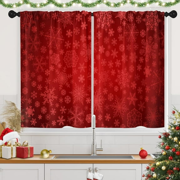 Christmas Kitchen Curtains Snowflakes Window Short Tier Curtains Over Sink Set of 2, Xmas Red Winter Kitchen Decor 26" x 36"