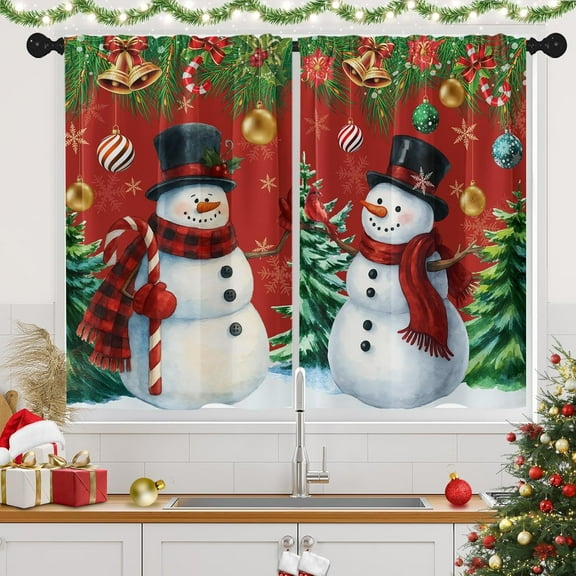 Christmas Kitchen Curtains, Snowman Xmas Tree Balls Winter Short Window Drapes Set of 2, Holiday Window Treatment Tier Curtains for Kitchen Over Sink Dining Room Decor (28x40 Inch)