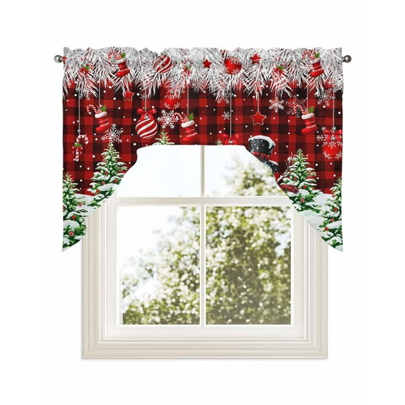 Christmas Kitchen Curtains Swag Valance for Windows/Bathroom/Cafe, Winter Snowman Xmas Trees Balls Red Black Plaid Rod Pocket Drape Panel Swag Curtains Valance for Bedroom/Living Room 56"x36"