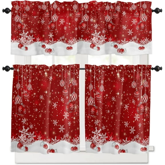 Christmas Kitchen Curtains Tiers and Valances Set 3 PCS, Red Christmas Ball Snowflake Sparkle Snow Red Short Window Treatment Tiers 24 inch, Xmas Rod Pocket Window Curtains Set for Bedroom
