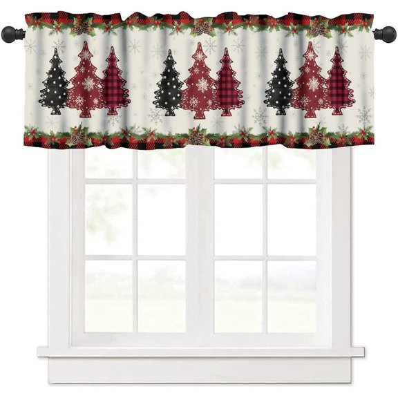 Christmas Kitchen Curtains Valance,Red Black Buffalo Plaid Xmas Tree Drape for Living Room Farmhouse Rod Pocket Window Treatment 1 Panel 54" W x 18" L Inch