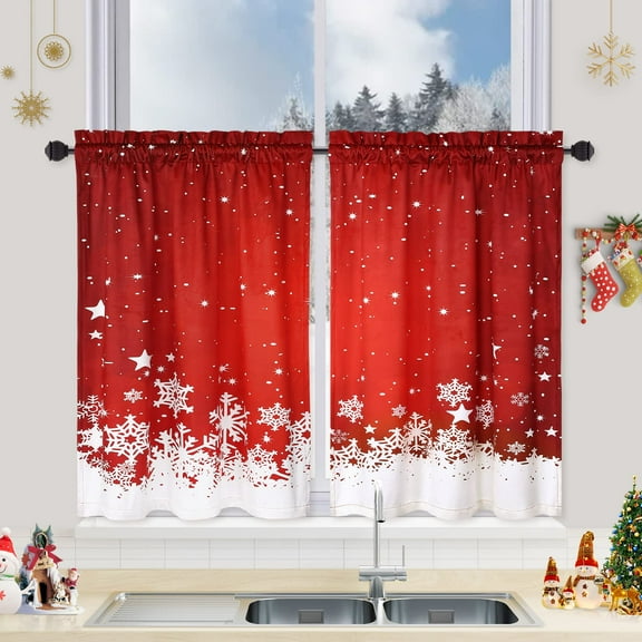 Christmas Kitchen Curtains Valance, Red Velvet Short Curtains for Windows,Flo-ralSnowflake Decoration Cafe Curtains, Thermal Insulated Room Darkening Short Curtain