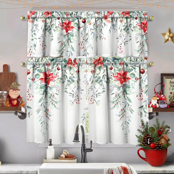Christmas Kitchen Curtains and Valance Set of 3, Xmas Holly Red Berry Kitchen Window Tier Curtains Farmhouse Window Valances Rod Pocket Panels for Winter Christmas Holiday Home Decor