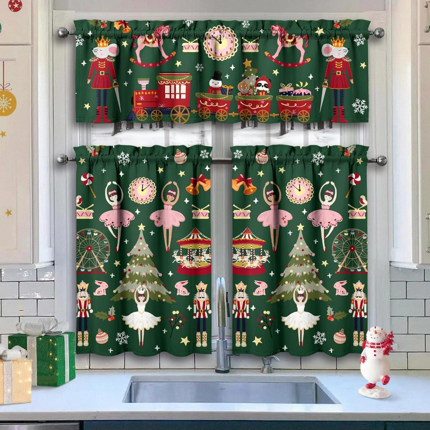 Christmas Kitchen Curtains Valances 3 Piece Set,Green Nutcracker Xmas ...