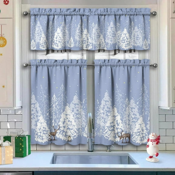 Christmas Kitchen Curtains Valances 3 Piece Set,Merry Xmas Pine Trees Snowy Forest Deer Snowflakes Rod Pocket Farmhouse Cafe Curtain Over Sink Window for Holiday Winter Decor 36 Inch