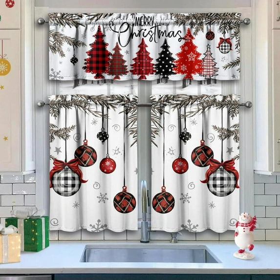 Christmas Kitchen Curtains Valances 3 Piece Set,Red Merry Xmas Pine Trees Balls Ornament Snowflakes Rod Pocket Kitchen Curtain over Sink Window,Farmhouse Cafe Curtains for Holiday Winter Decor 36