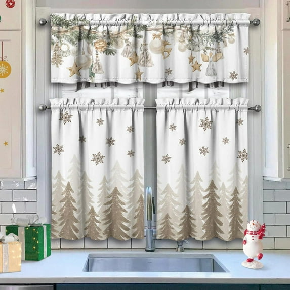 Christmas Kitchen Curtains Valances 3 Piece Set,Snowflake Merry Xmas Trees Pine Ornament Rod Pocket Farmhouse Cafe Curtain Over Sink Window for Holiday Winter Decor 36 Inch