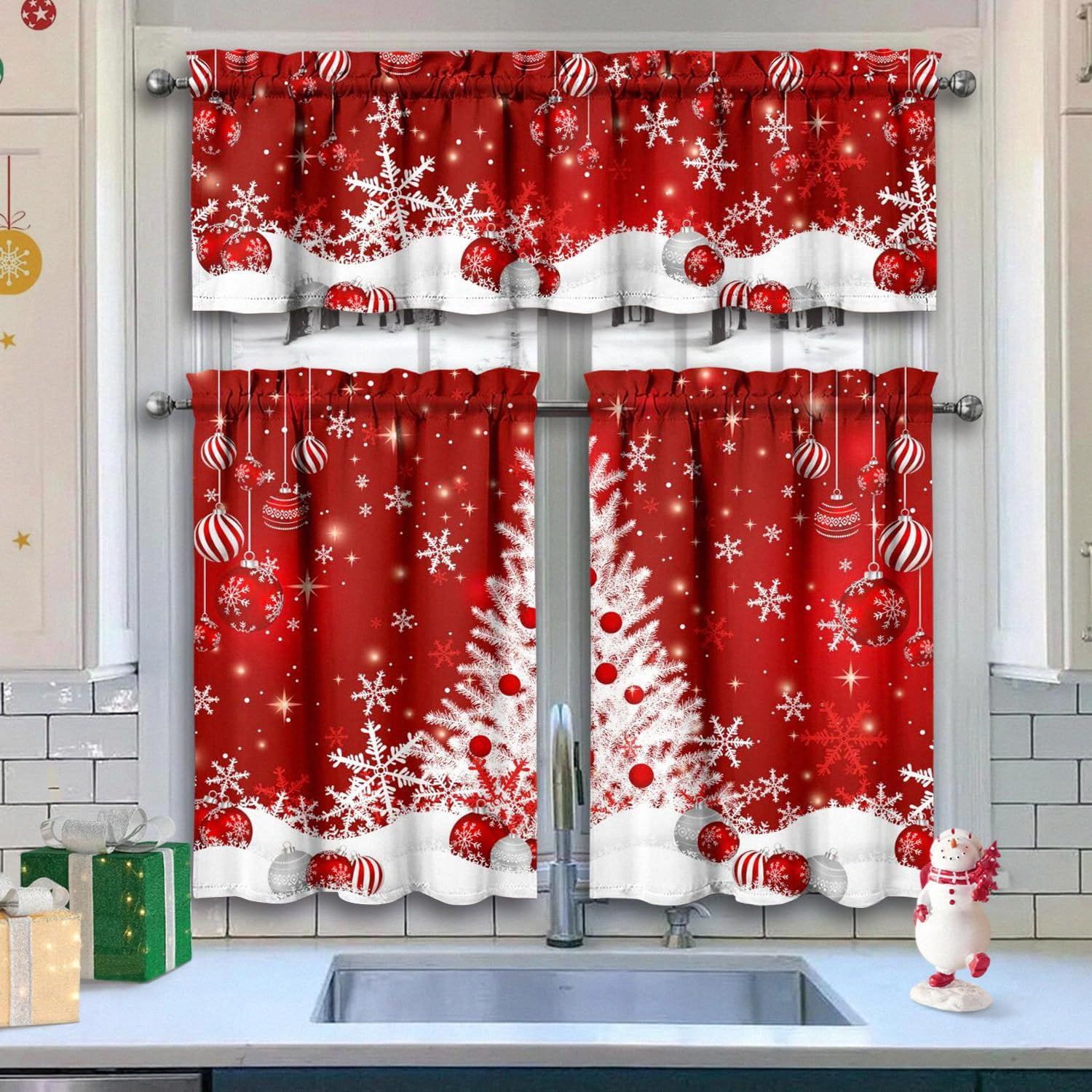 Christmas Kitchen Curtains Valances 3 Piece Set,Xmas Ball Ornaments