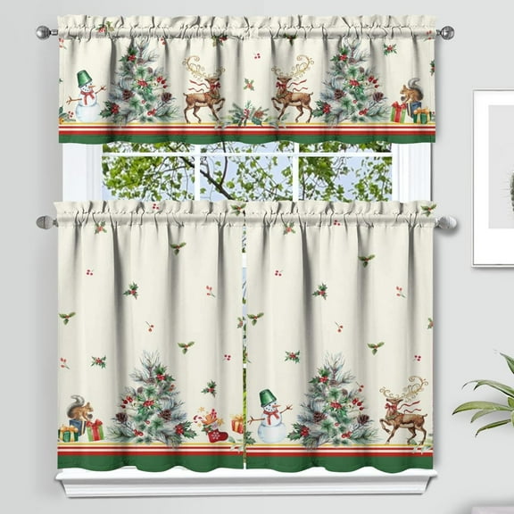 Christmas Kitchen Curtains and Valances Set of 3,Christmas Elk Berry Holly Christmas Kitchen Decor, Winter Xmas Curtains and Valances Short Curtain Set for Kitchen Bedroom Holiday Decor 36 Inch
