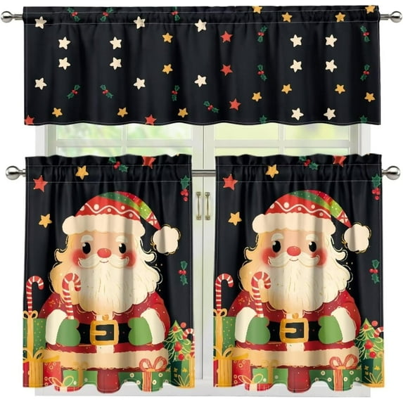 Christmas Kitchen Curtains and Valances Set 36 Inches Length Santa Claus Kitchen Curtains Sets for Windows Drape Swag Curtains for Kitchen Cafe Living Room