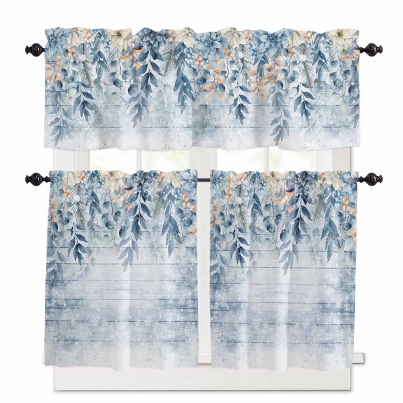 Christmas Kitchen Curtains and Valances Set, Blue Floral Eucalyptus Leaves Winter Wood Grain Rod Pocket Window Valance Window Curtain Panels for Living Room Bedroom Laundry, 27.5x36in, 3 Pieces