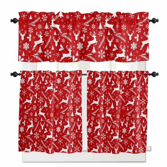 Christmas Kitchen Curtains and Valances Set, Elk Snowflake Abstract Red Xmas Rod Pocket Window Valance 18 Inch Window Curtain Panels for Living Room Bedroom Laundry, 27.5x36in, 3 Pieces