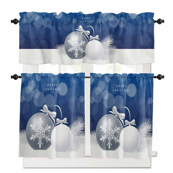 Christmas Kitchen Curtains and Valances Set, Grey Xmas Ball Snowflake Pine Leaf Blue Background Rod Pocket Window Valance Window Curtain Panels for Living Room Bedroom Laundry, 27.5x24in, 3 Pieces