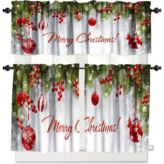 Christmas Kitchen Curtains Valances Set,Merry Xmas Snowflake Ribbon Bells Decoration Kitchen Window Curtains Tier and Valance Curtain Set for Bedroom Living Room 54x18 & 27x36x2, 3 Panel