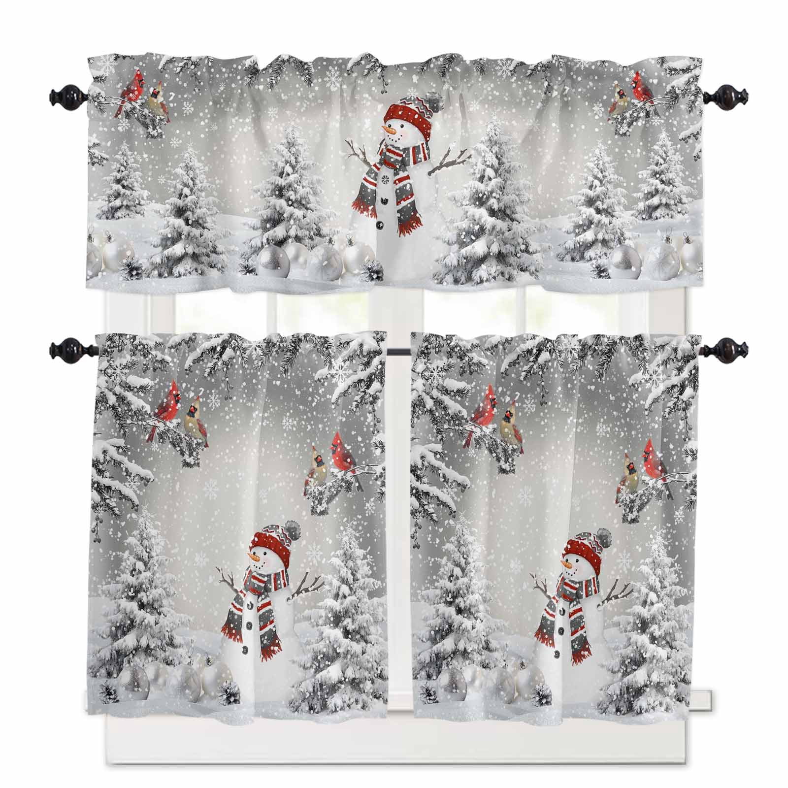 Christmas Kitchen Curtains and Valances Set, Red Hat Snowman Bird Pine ...