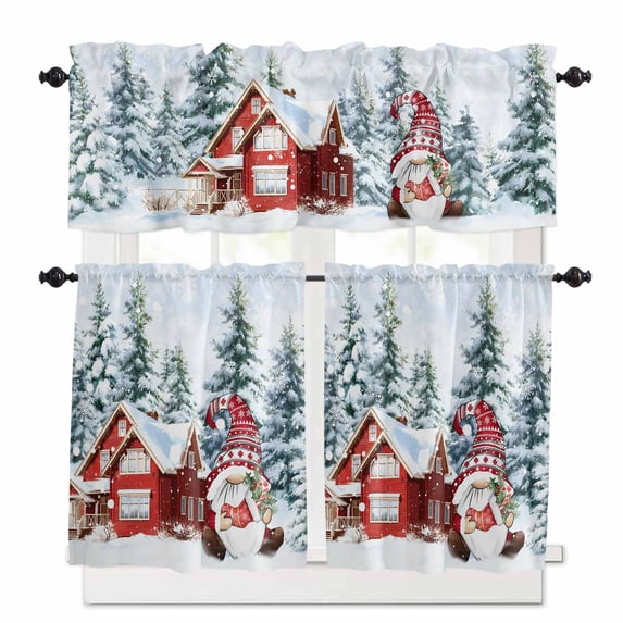 Christmas Kitchen Curtains and Valances Set, Red Xmas Gnome Farmhouse Pine Tree Forest Snowflakes Rod Pocket Window Valance Window Curtain Panels for Living Room Bedroom Laundry, 27.5x24in, 3 Pieces