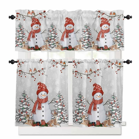 Christmas Kitchen Curtains and Valances Set, Red Xmas Snowman Pine Tree Branches Deer Bird Grey Rod Pocket Window Valance Window Curtain Panels for Living Room Bedroom Laundry, 27.5x36in, 3 Pieces