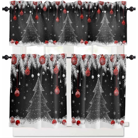 Christmas Kitchen Curtains and Valances Set, Rod Pocket Curtains Tier Farmhouse Window Curtains 24 Inch Length, Pine Tree Snowflake Ball Silver Leaves Black 3 Piece Kitchen Curtains Set