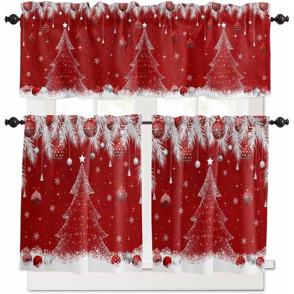 Christmas Kitchen Curtains and Valances Set, Rod Pocket Curtains Tier Farmhouse Window Curtains 24 Inch Length, Red Winter Pine Tree Silver Leaves Snowflake 3 Piece Kitchen Curtains Set
