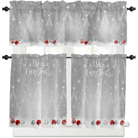 Christmas Kitchen Curtains and Valances Set, Rod Pocket Curtains Tier Farmhouse Window Curtains 24 Inch Length, Winter White Pine Trees Snowflake Ball Grey 3 Piece Kitchen Curtains Set