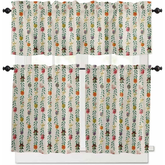 Christmas Kitchen Curtains and Valances Set, Rod Pocket Curtains Tier Farmhouse Window Curtains 24 Inch Length, Xmas Leaves Ball Star Berry Retro Rustic 3 Piece Kitchen Curtains Set