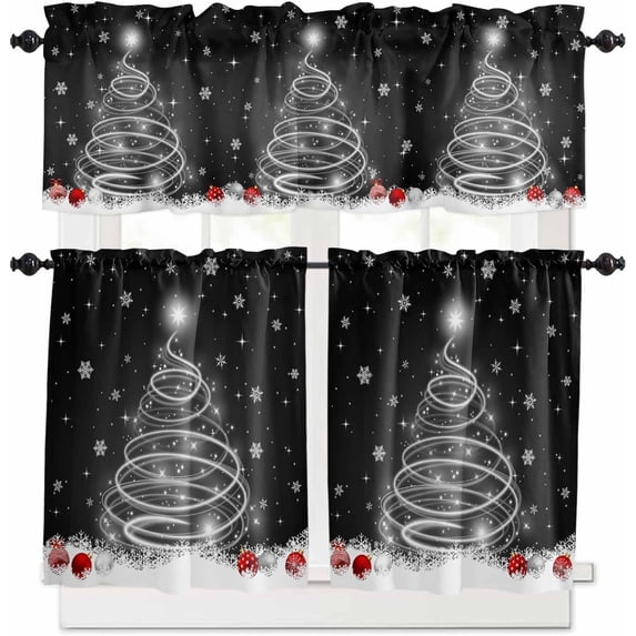 Christmas Kitchen Curtains and Valances Set, Rod Pocket Curtains Tier Farmhouse Window Curtains 24 Inch Length, Xmas Pine Tree Winter Snowflake Ball Black 3 Piece Kitchen Curtains Set