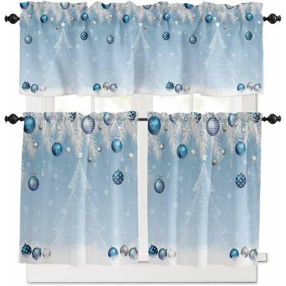 Christmas Kitchen Curtains and Valances Set, Rod Pocket Curtains Tier Farmhouse Window Curtains 36 Inch Length, Blue Pine Tree Silver Leaves Ball Snowflake 3 Piece Kitchen Curtains Set