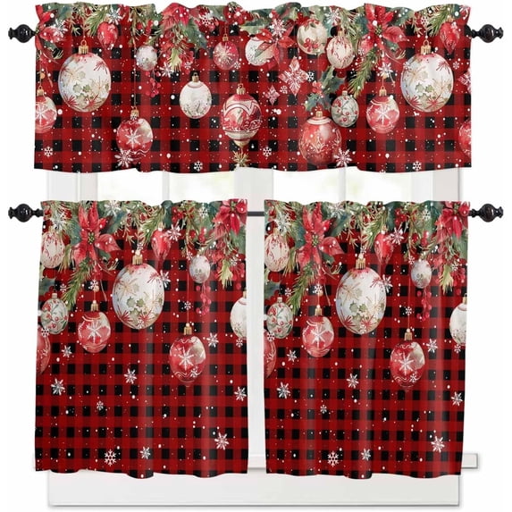 Christmas Kitchen Curtains and Valances Set, Rod Pocket Curtains Tier Farmhouse Window Curtains 36 Inch Length, Snowflake Flowers Ball Red Black Buffalo Plaid 3 Piece Kitchen Curtains Set