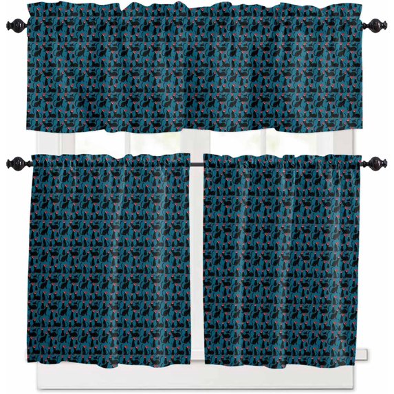 Christmas Kitchen Curtains and Valances Set, Rod Pocket Curtains Tier Farmhouse Window Curtains 36 Inch Length, Winter Funny Black Xmas Cats Country Vintage 3 Piece Kitchen Curtains Set