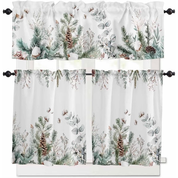 Christmas Kitchen Curtains and Valances Set, Rod Pocket Curtains Tier Farmhouse Window Curtains 36 Inch Length, Winter Pine Leaves Eucalyptus Leaf Plants 3 Piece Kitchen Curtains Set