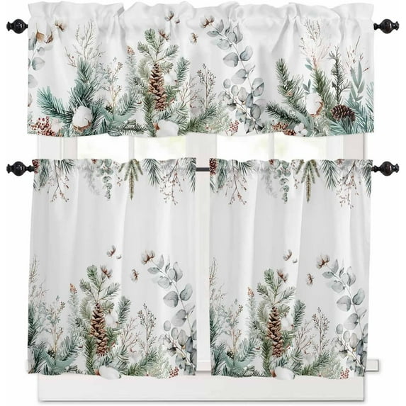 Christmas Kitchen Curtains and Valances Set, Rod Pocket Curtains Tier Farmhouse Window Curtains 36 Inch Length, Winter Pine Leaves Eucalyptus Leaf Plants 3 Piece Kitchen Curtains Set