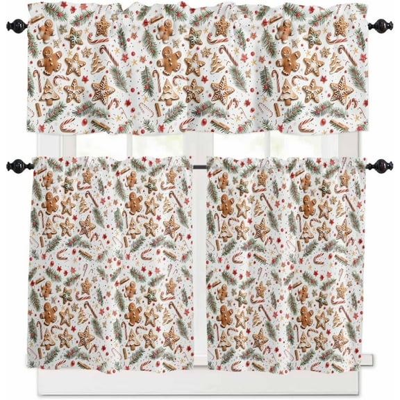 Christmas Kitchen Curtains and Valances Set, Rod Pocket Curtains Tier Farmhouse Window Curtains 36 Inch Length, Winter Red Star Green Pine Trees Candy Xmas 3 Piece Kitchen Curtains Set
