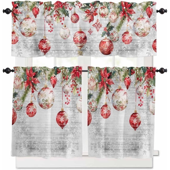 Christmas Kitchen Curtains and Valances Set, Rod Pocket Curtains Tier Farmhouse Window Curtains 36 Inch Length, Winter Snowflake Flowers Leaves Wooden Grain 3 Piece Kitchen Curtains Set