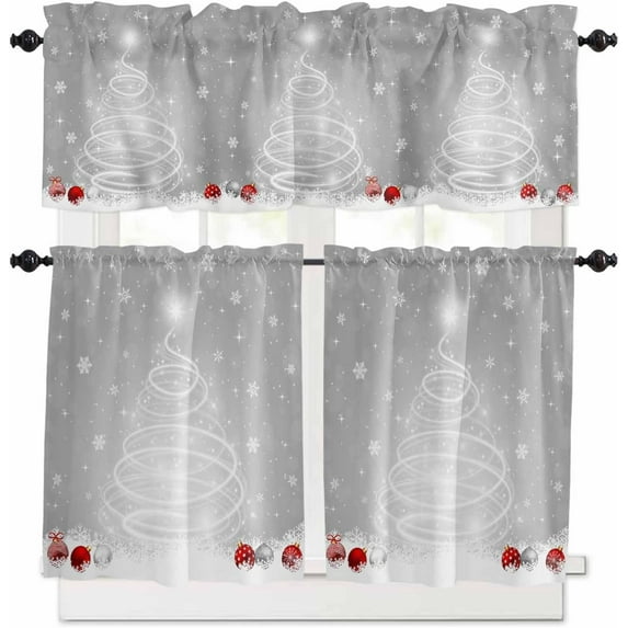 Christmas Kitchen Curtains and Valances Set, Rod Pocket Curtains Tier Farmhouse Window Curtains 36 Inch Length, Winter Snowflake Xmas Pine Tree Ball Grey 3 Piece Kitchen Curtains Set
