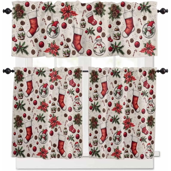 Christmas Kitchen Curtains and Valances Set, Rod Pocket Curtains Tier Farmhouse Window Curtains 36 Inch Length, Xmas Stocking Snowman Snowflake Poinsettia 3 Piece Kitchen Curtains Set