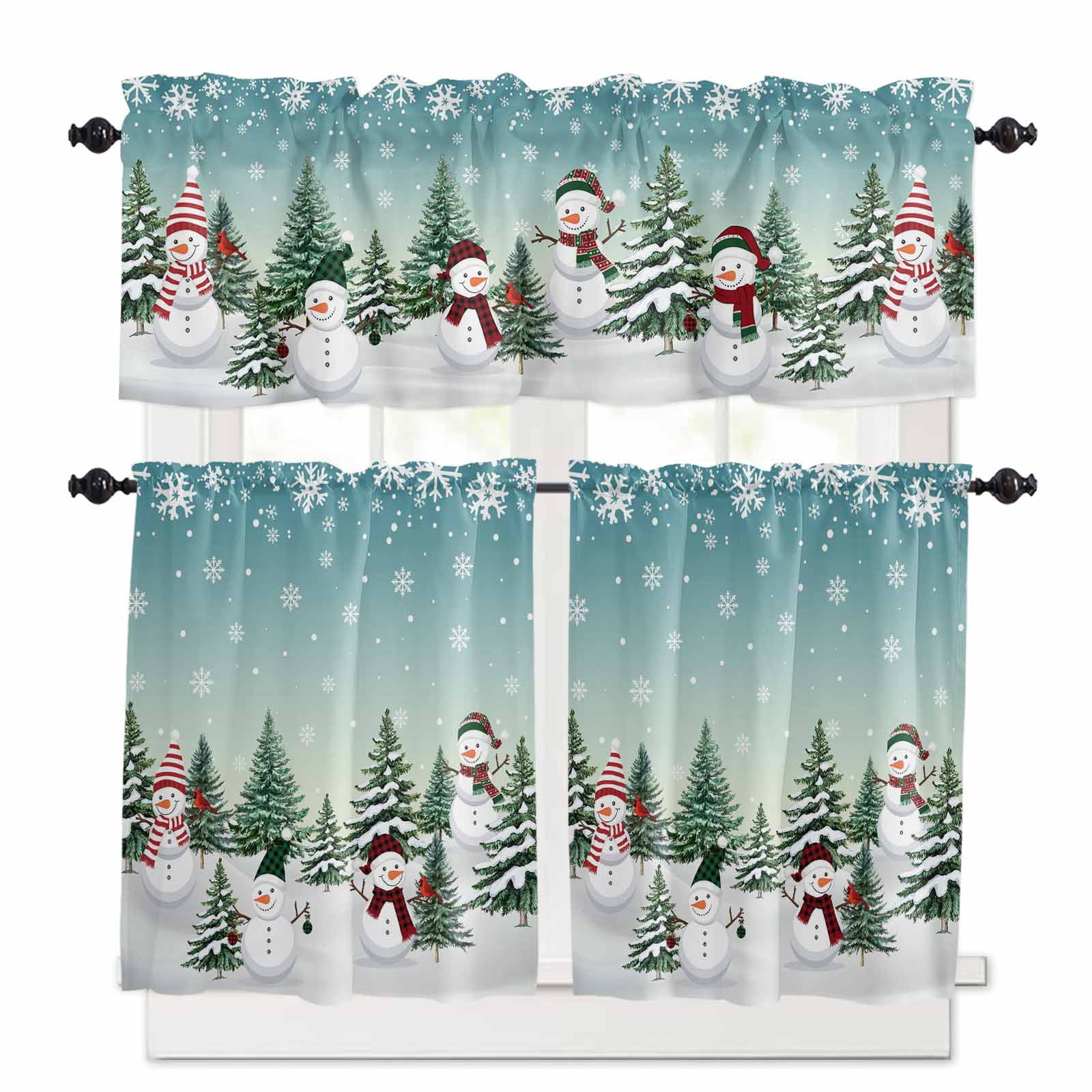 Christmas Kitchen Curtains and Valances Set, Snowman Christmas Tree