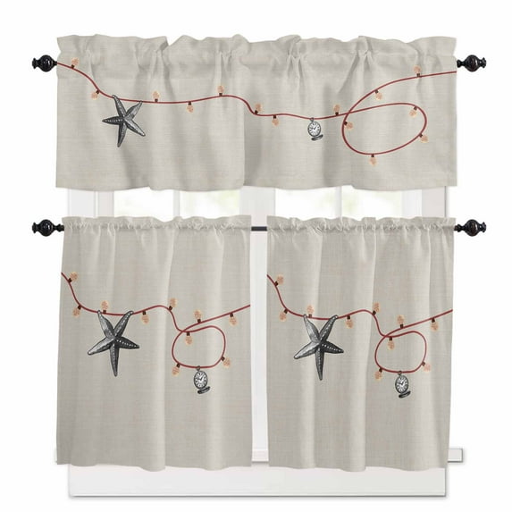 Christmas Kitchen Curtains and Valances Set, Starfish Watches Retro Lines Xmas Rod Pocket Window Valance 18 Inch Window Curtain Panels for Living Room Bedroom Laundry, 27.5x24in, 3 Pieces