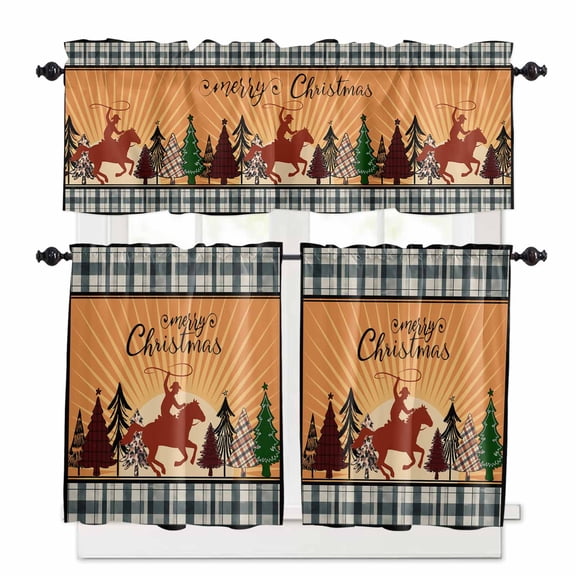 Christmas Kitchen Curtains and Valances Set, Western Riding Christmas Tree Sunset Buffalo Plaid Rod Pocket Window Valance Window Curtain Panels for Living Room Bedroom Laundry, 27.5x24in, 3 Pieces
