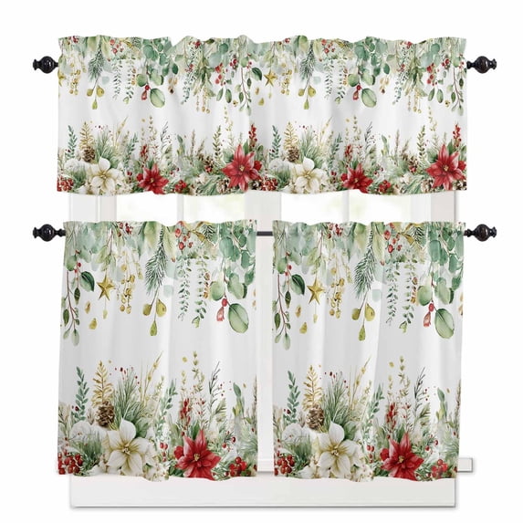 Christmas Kitchen Curtains and Valances Set, Winter Green Eucalyptus Leaves Red Flowers Pine Cone Rod Pocket Window Valance Window Curtain Panels for Living Room Bedroom Laundry, 27.5x24in, 3 Pieces